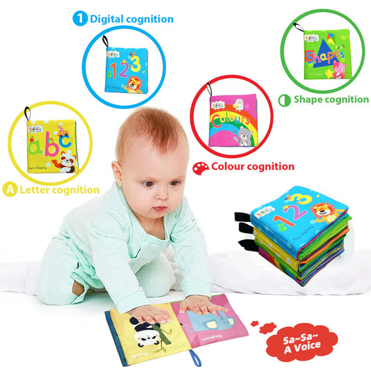 Fabrify 4-in-1 Baby Learning Book Set – Crinkle Sound, Washable & Safe material with Hook Ring