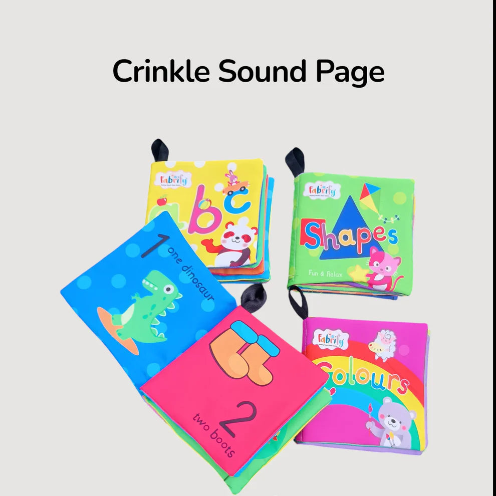 Fabrify 4-in-1 Baby Learning Book Set – Crinkle Sound, Washable & Safe material with Hook Ring